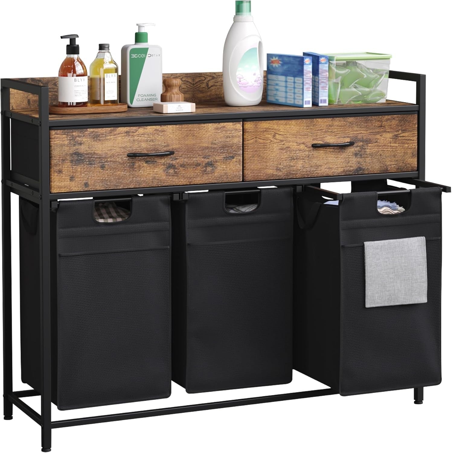 3 Compartment Laundry Sorter on Wheels with Drawers Rustic Brown Black 106cm