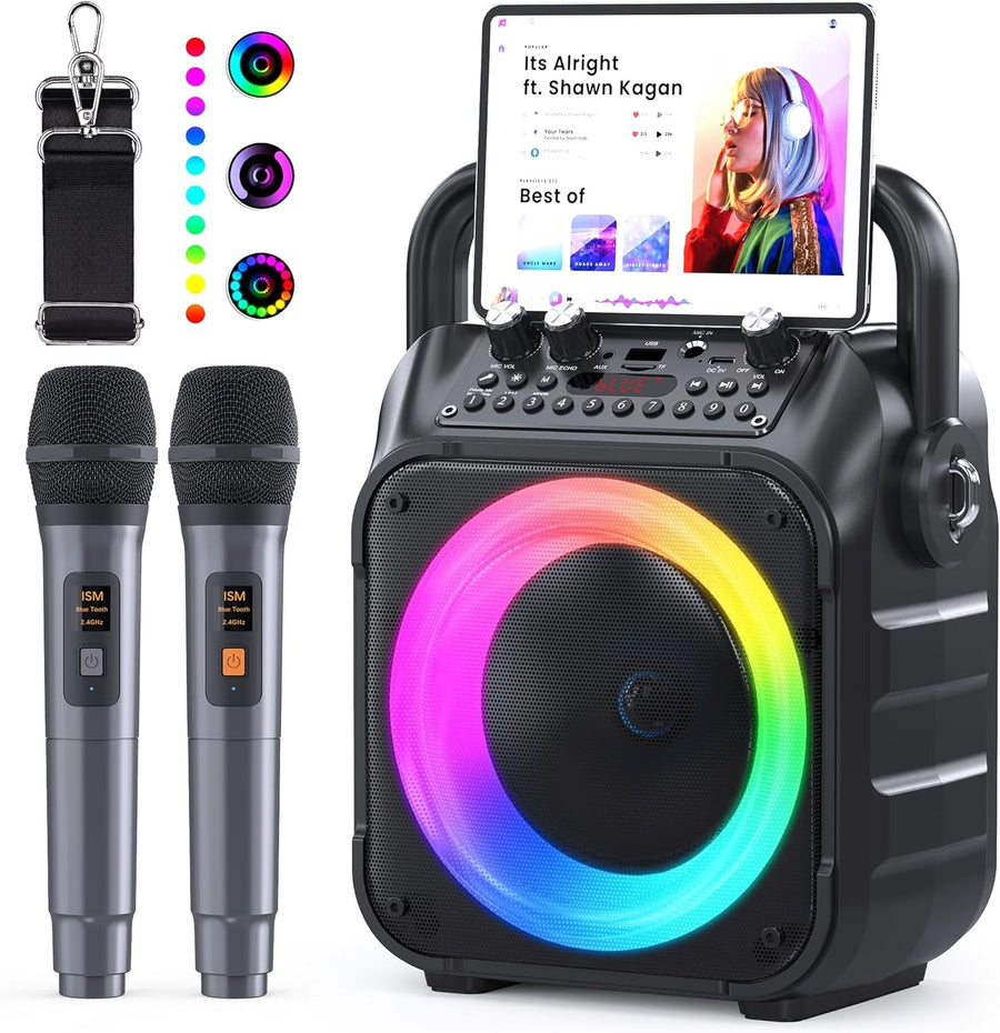 Karaoke Machine with 2 Wireless Mics Bluetooth PA Speaker