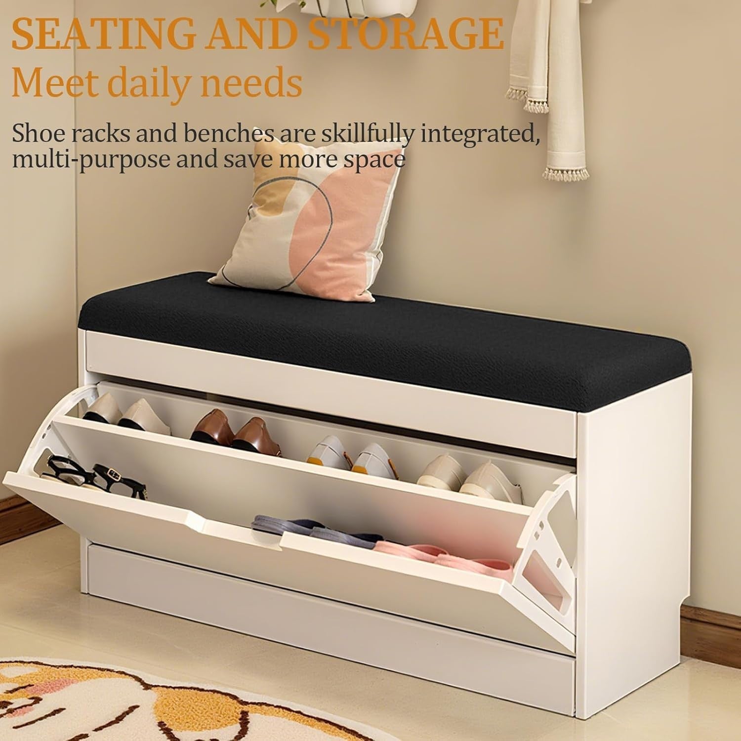Slim Shoe Storage Bench with Flip-Drawer & Cushion Seat – Space Saving, Sturdy