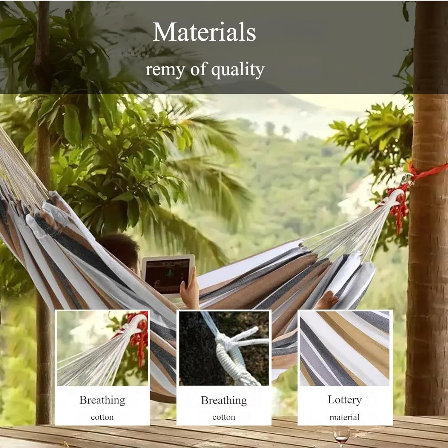 Spacious 2-Person Outdoor Hammock, Thick Striped Cotton-Poly, Garden & Beach