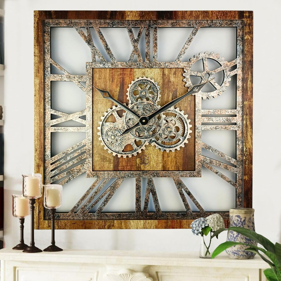 Oversized 24" Rustic Gear Wall Clock Square Vintage Industrial Home Decor