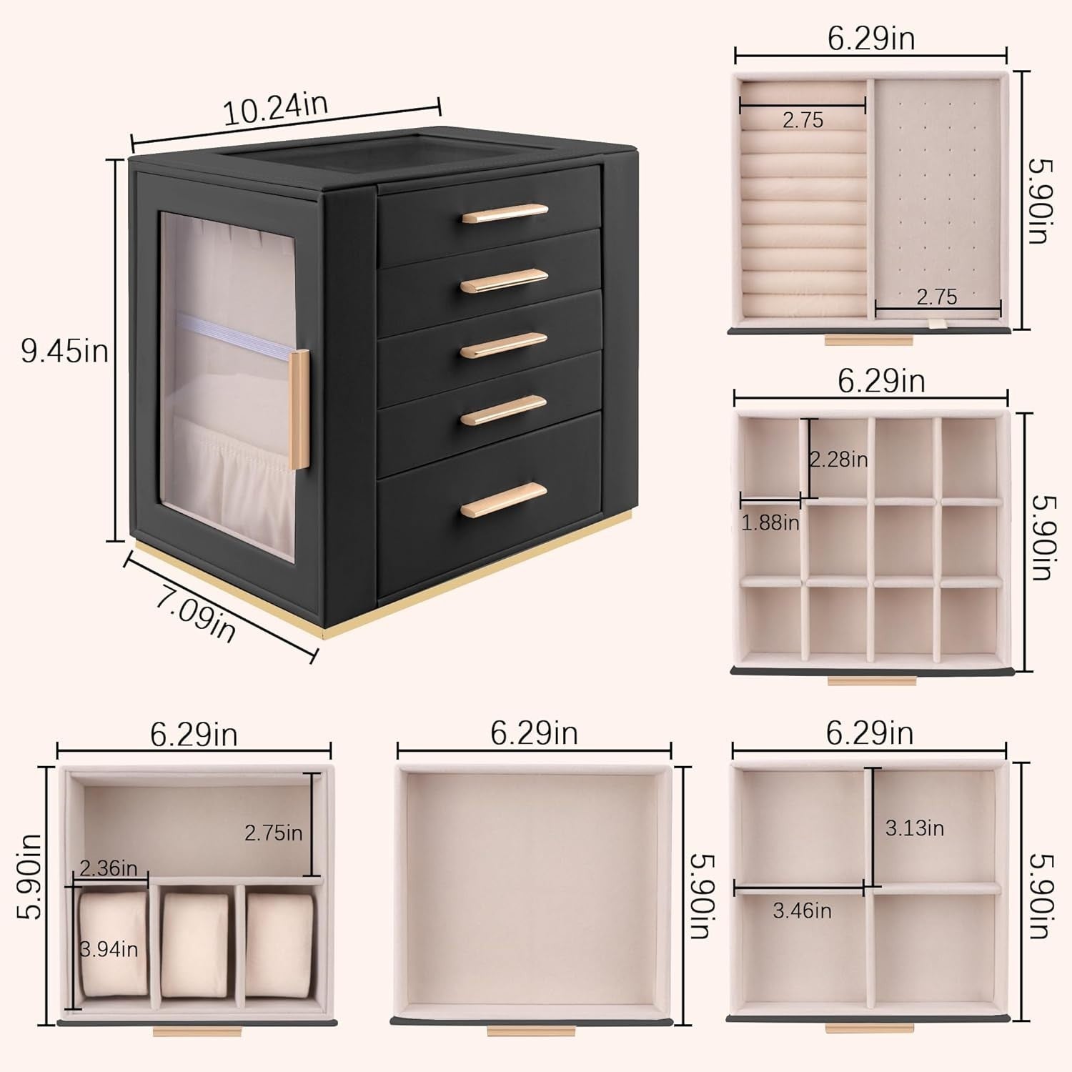 Black PU Leather Jewellery Organizer Box 5 Layer Drawer Storage Case