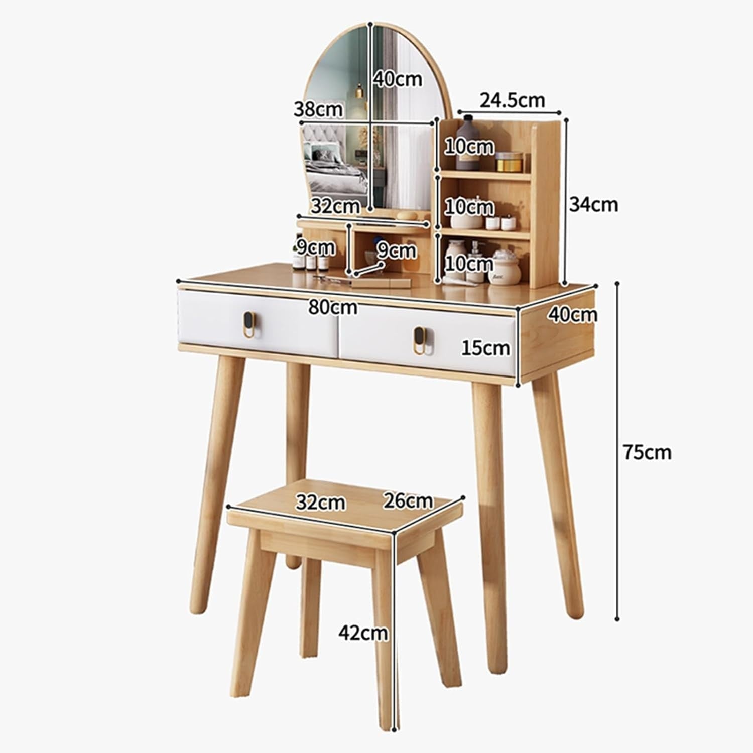 Modern Wood Vanity Makeup Table Dresser Desk with Stool Mirror 2 Drawers