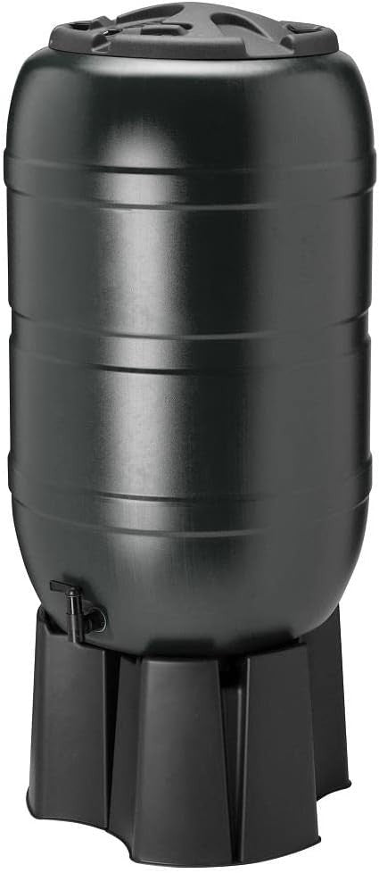 210L Black Garden Water Butt with Tap, Stand & Full Fittings