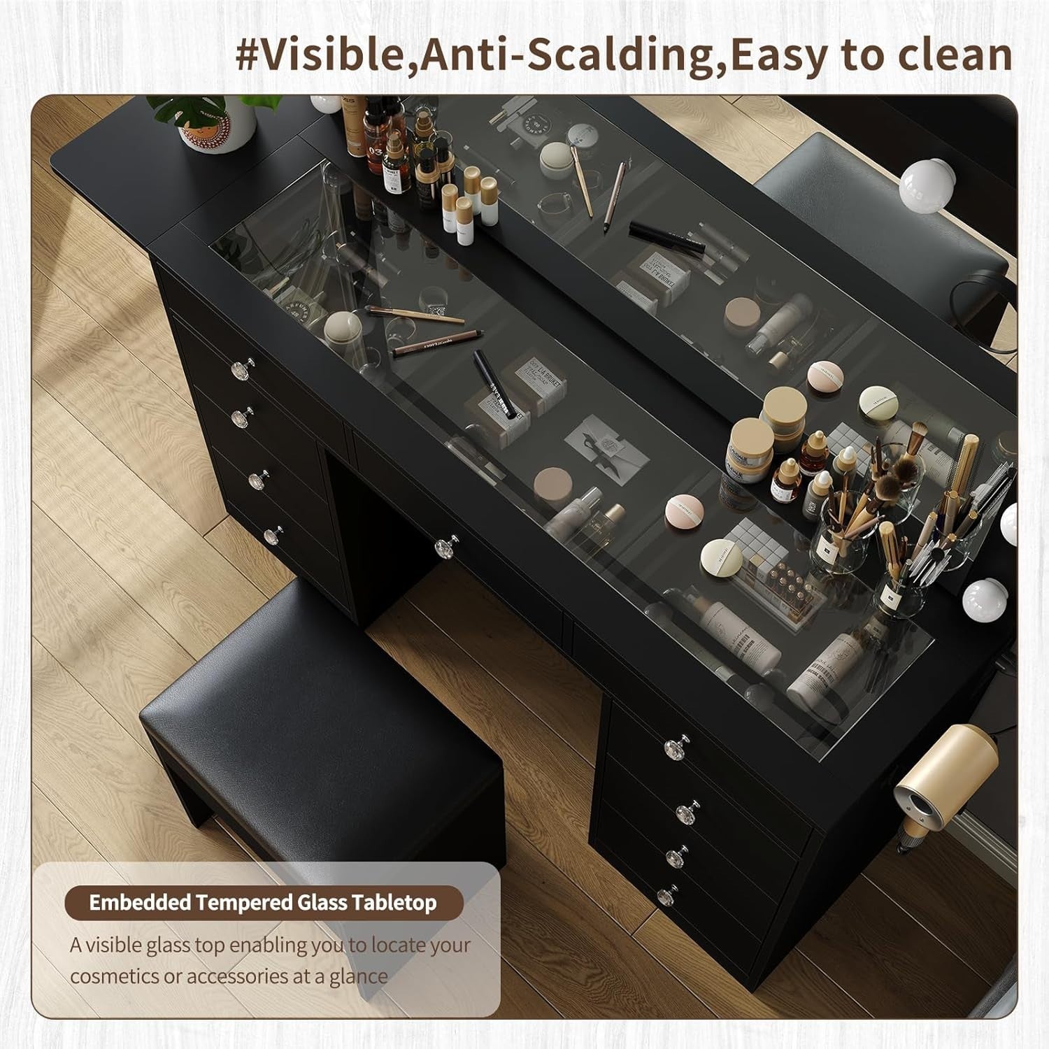 Black Makeup Vanity Desk Set, Hollywood Mirror, 9 Drawers, Lighted Dressing Tabl