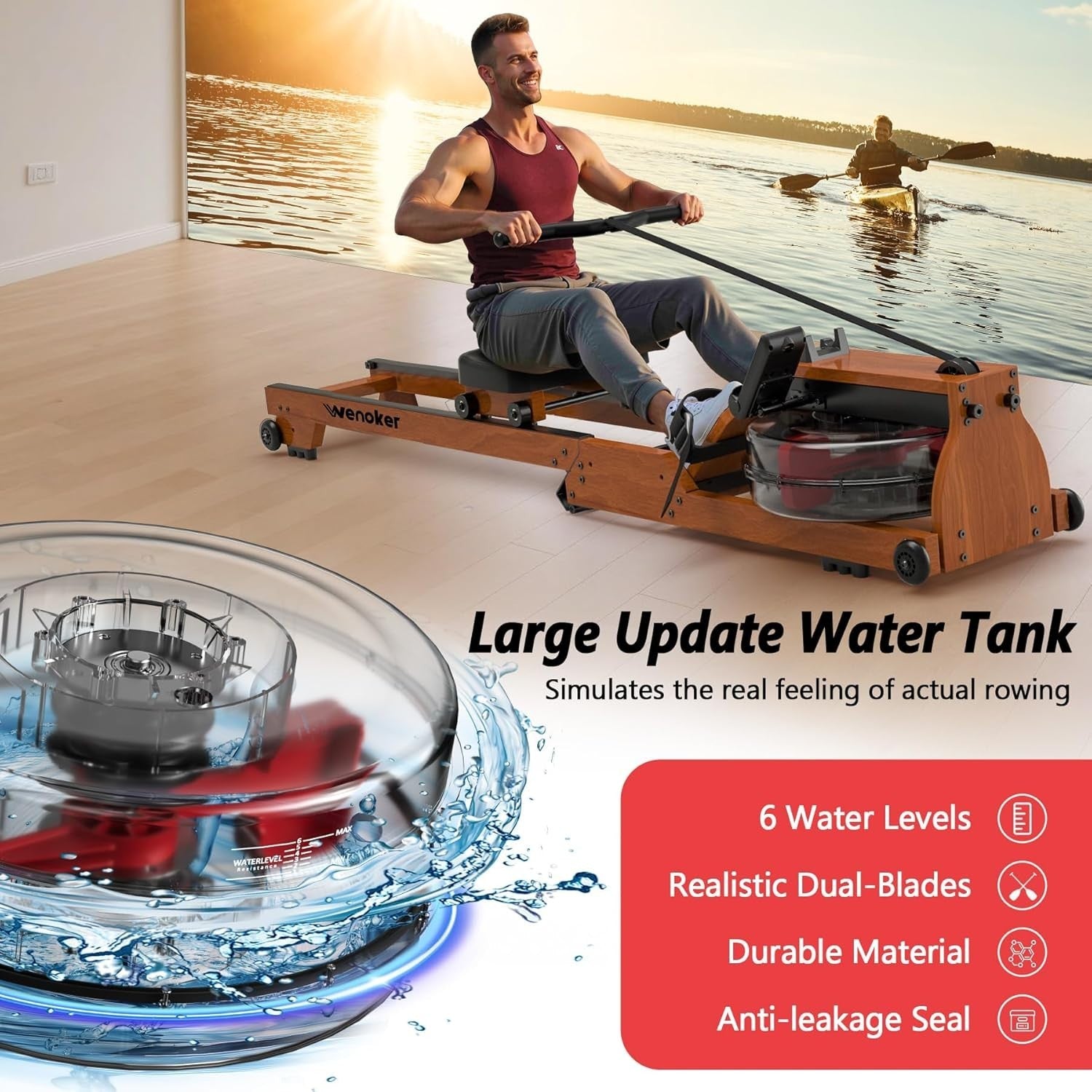 Foldable Wooden Water Rowing Machine 6-Level Resistance Bluetooth LCD Home Rower