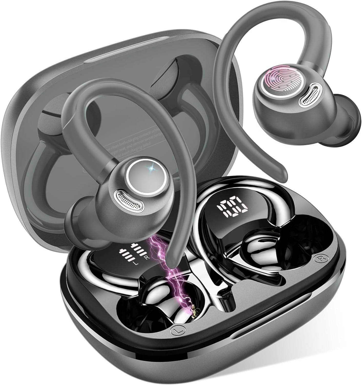 Grey Bluetooth 5.3 Earbuds 40H ENC Mic LED Display Sport Waterproof