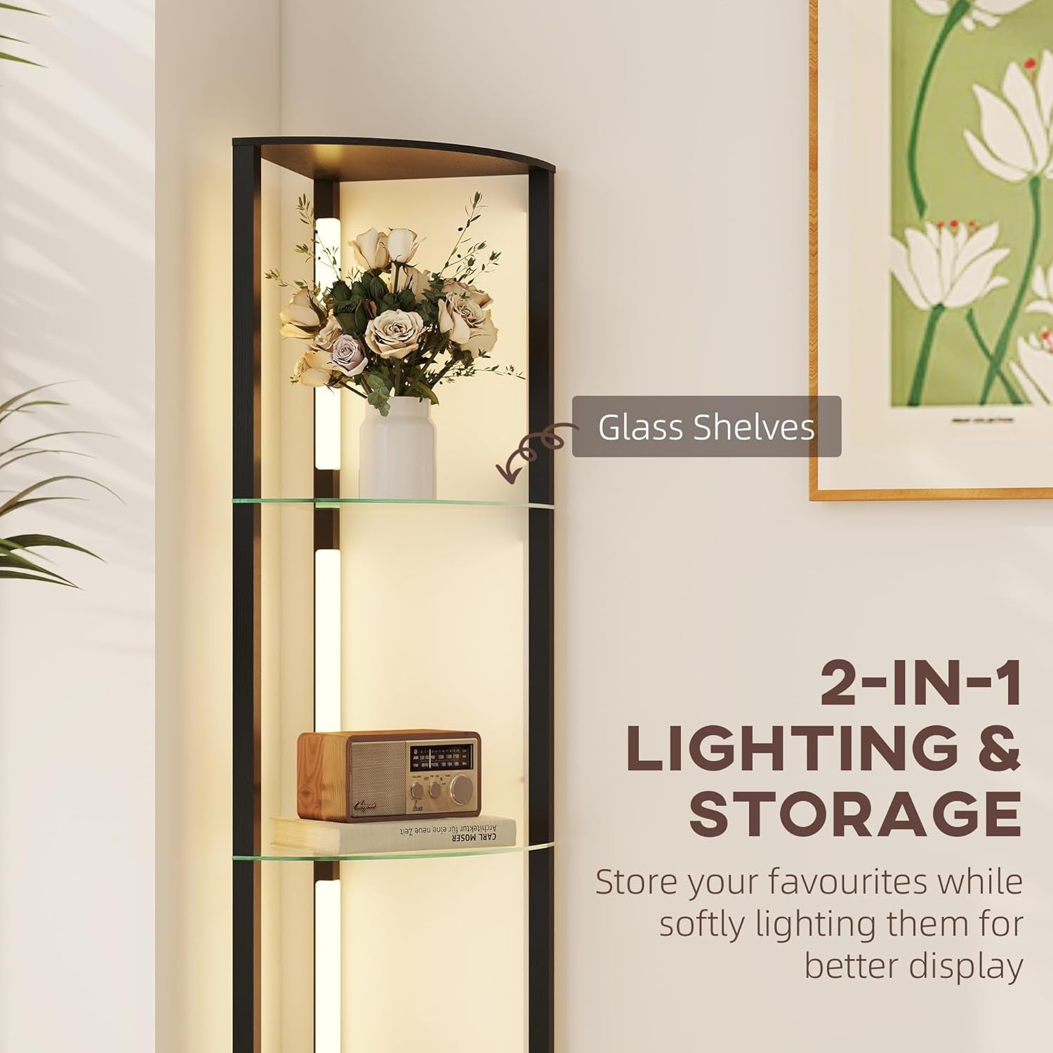 LED Floor Lamp with Shelves Dimmable Corner Standing Light Storage Unit