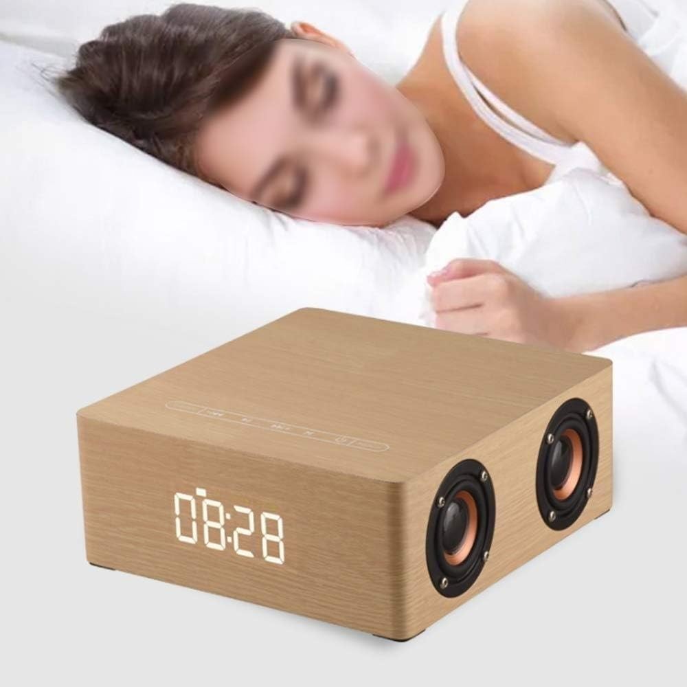 Wooden Bluetooth Alarm Clock Speaker LED Display Snooze Bedside Brown