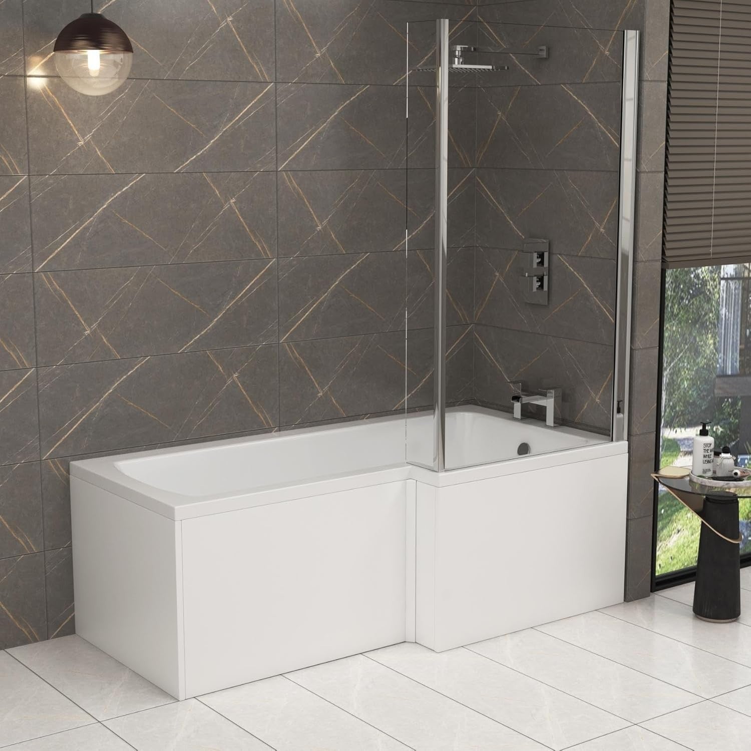 1500x850mm Right-Hand L-Shaped Shower Bath with Front End Panels + Glass Screen