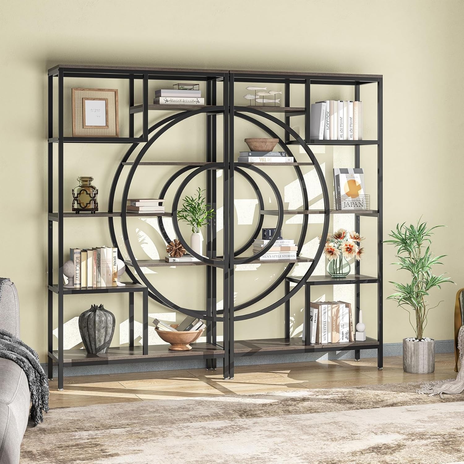 Geometric Industrial Bookshelf Set | 178cm Tall 8-Tier Open Display Shelves (2 P