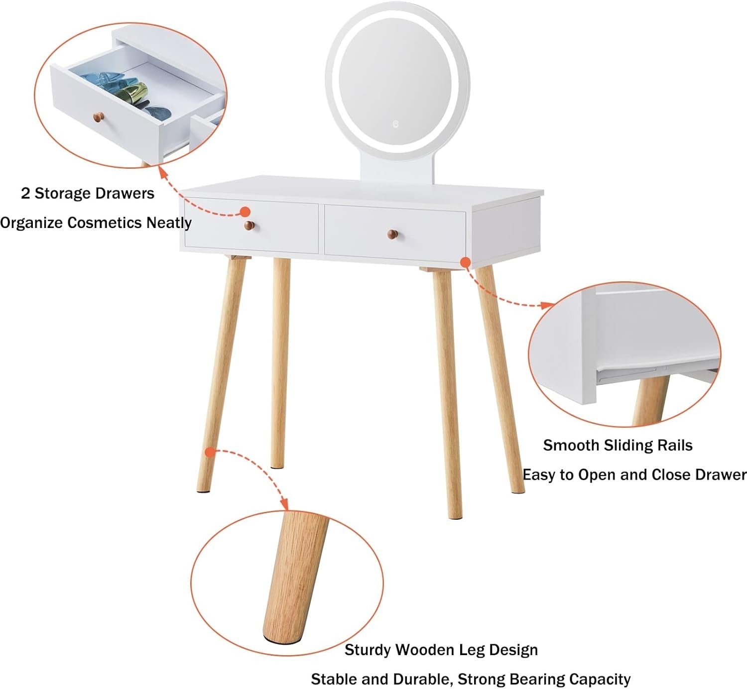 Modern Dressing Table Vanity Set LED Mirror Stool White Wood 2 Drawer Makeup Des