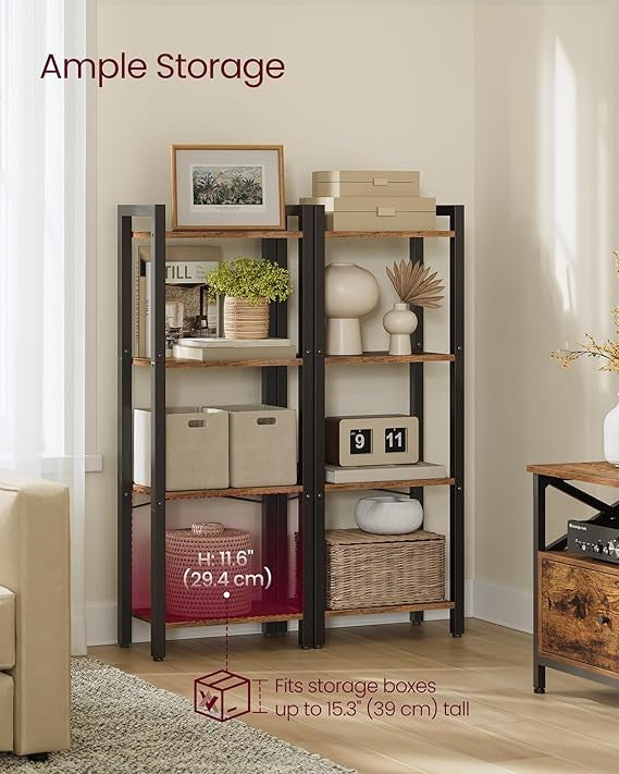 4-Tier Industrial Bookshelf Storage Unit Rustic Brown Metal Shelving Rack