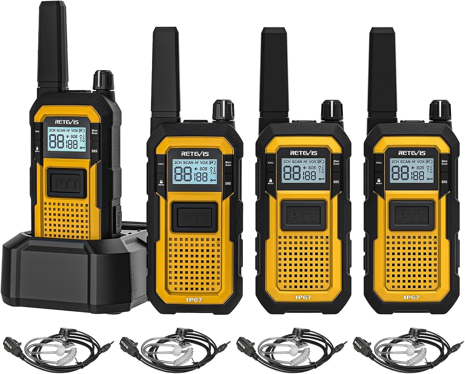 IP67 Waterproof Walkie Talkies Dual PTT SOS Heavy Duty 4 Pack