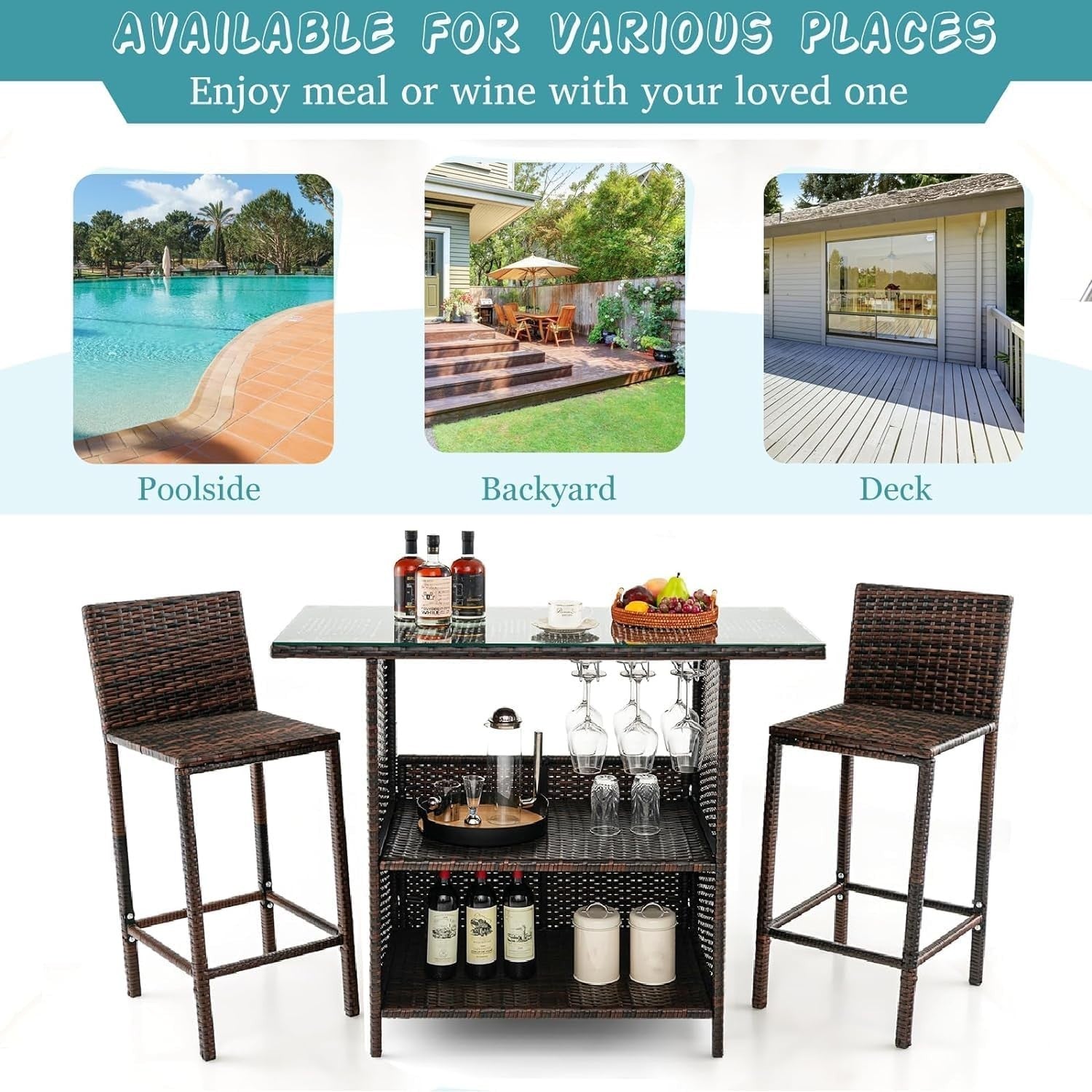 Rattan Bar Table Set with 2 Stools Glass Top Storage Shelves Patio Bistro