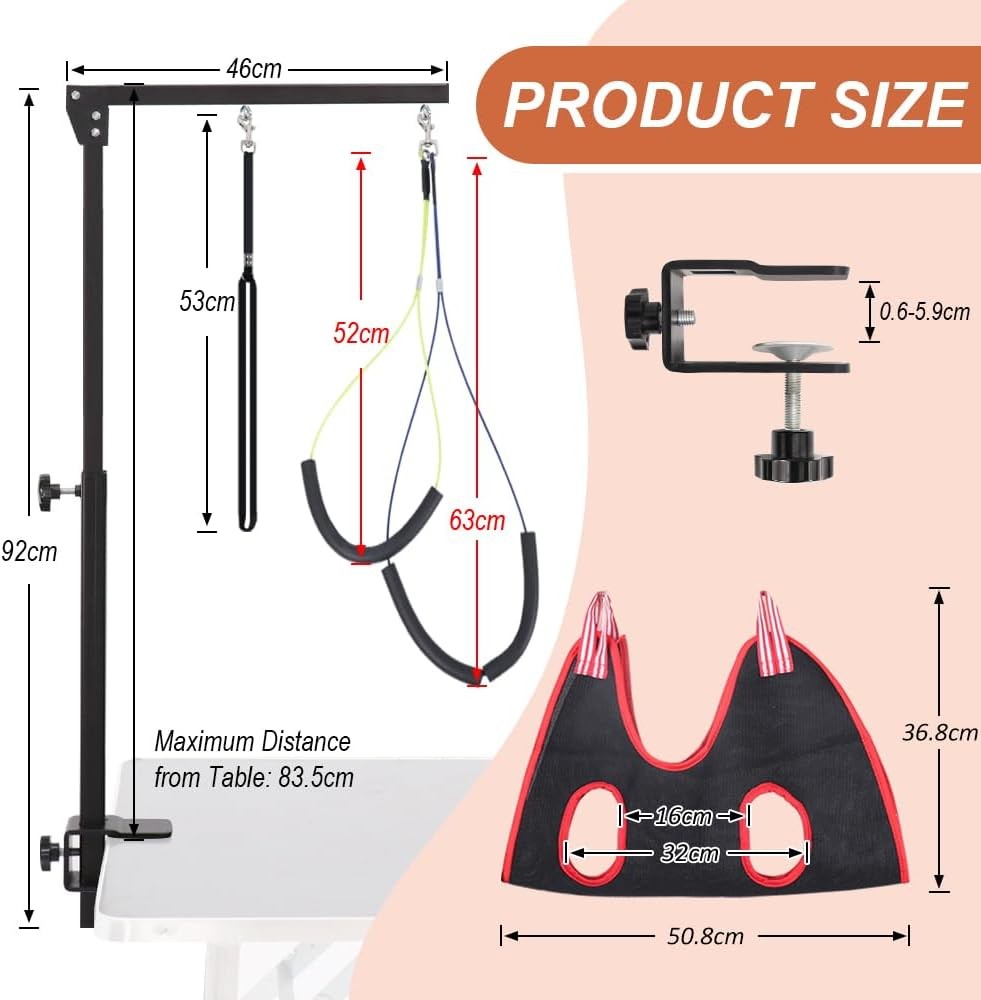 Dog Grooming Arm Clamp Adjustable w Hammock Harness No Sit Holder