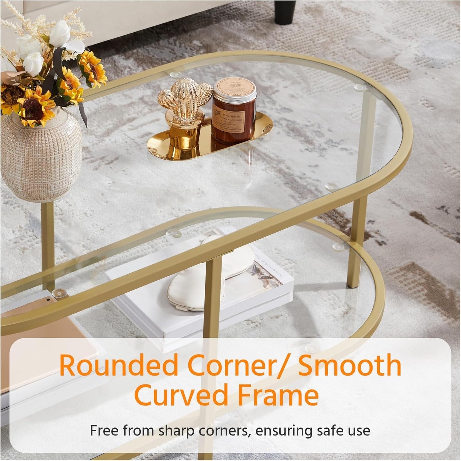 Modern Oval Glass Coffee Table 2-Tier Storage Metal Frame 106x50x44cm