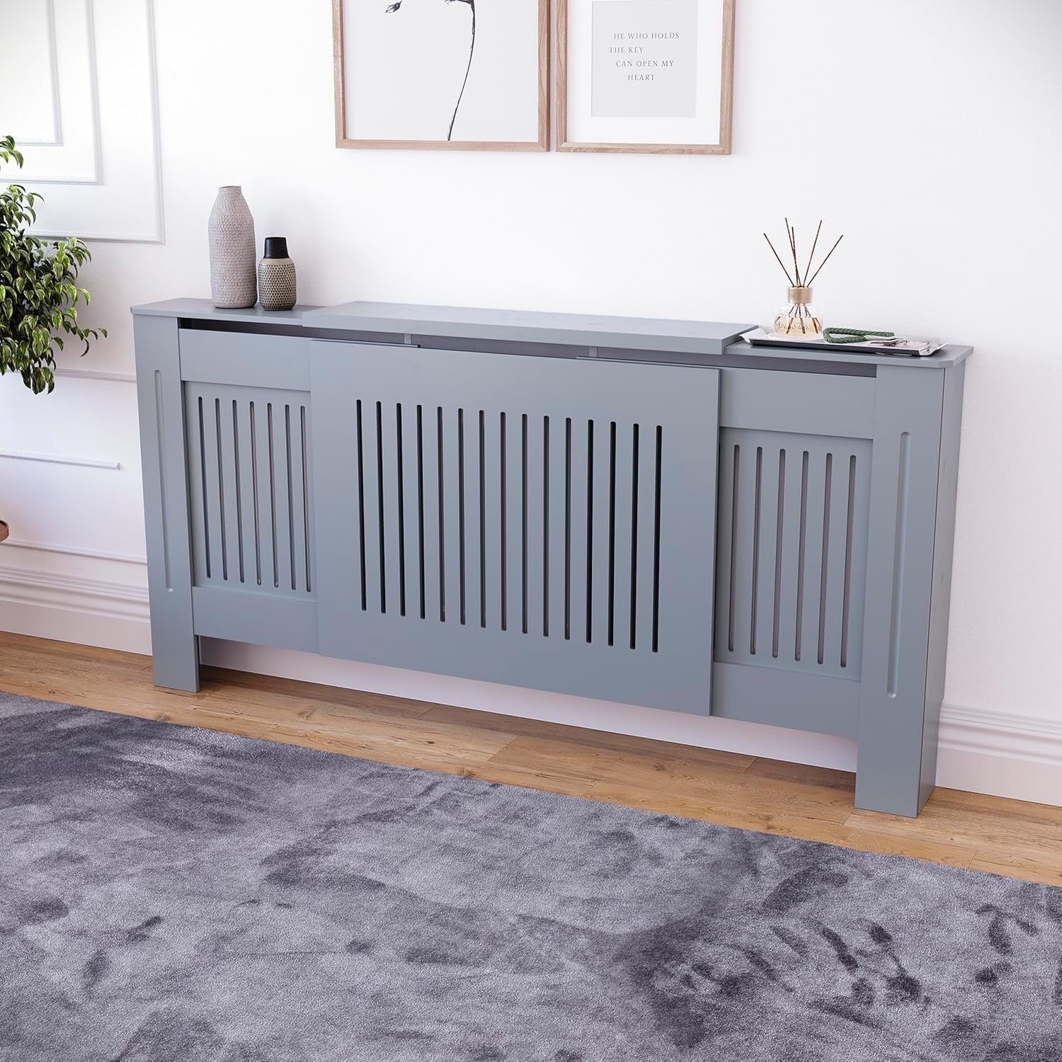 Adjustable Grey Radiator Cover | Modern MDF Slatted Heating Cabinet