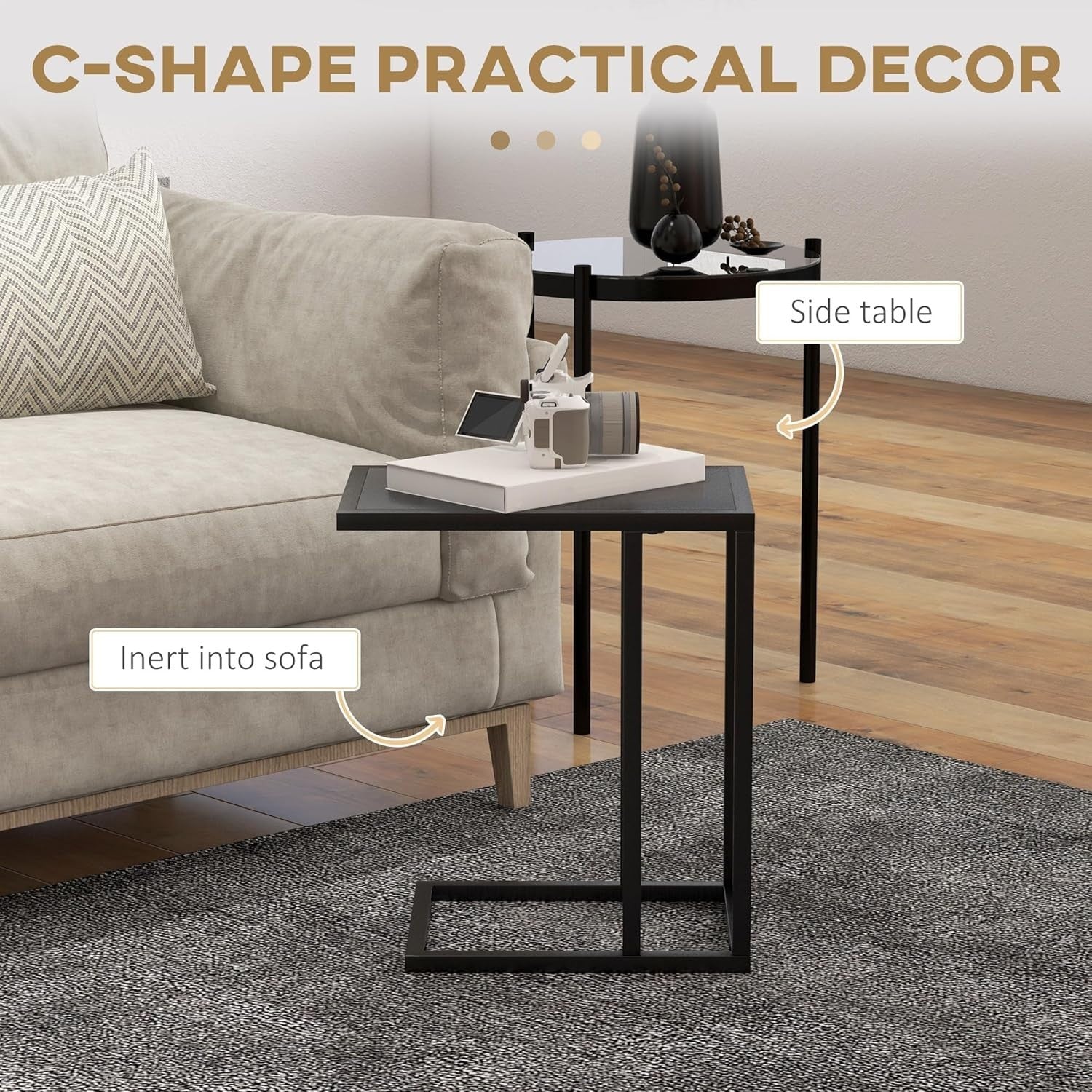 Slim C Shape Sofa Side Table Black Wood | Metal Frame Snack Coffee Stand