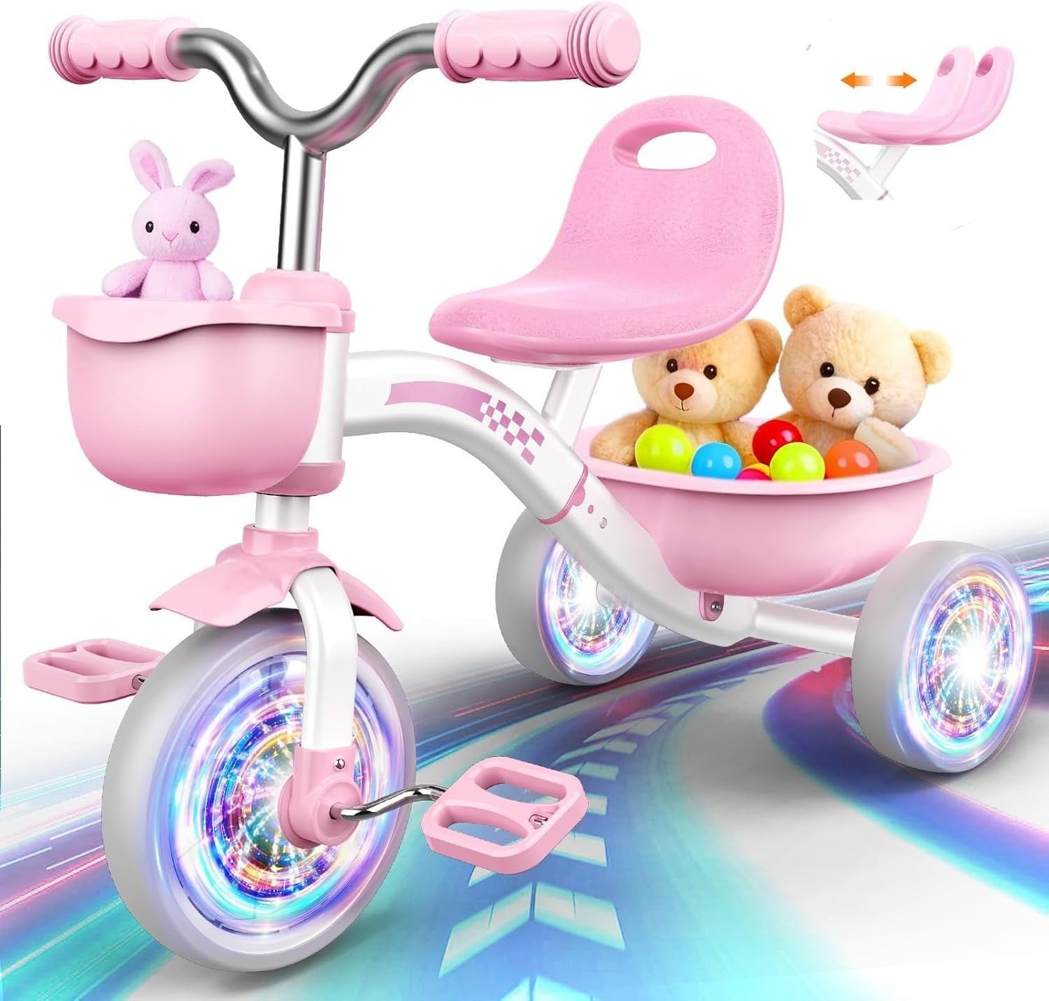 Girls Tricycle Balance Bike LED Light Wheels Adjustable Seat Pink 2-5Y
