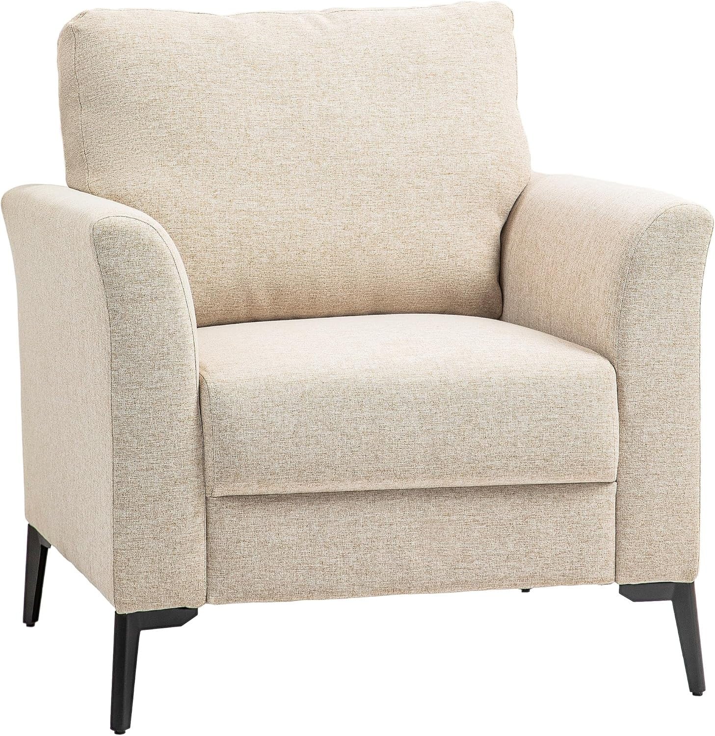 Beige Linen Armchair with Padded Seat & Metal Legs for Lounge or Office