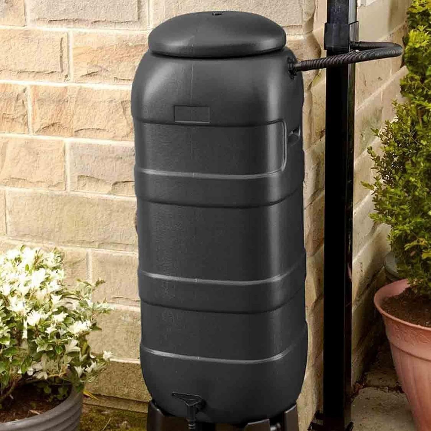 210L Outdoor Slim Line Rainwater Butt With Tap Stand & Lid Black