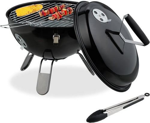 Portable Charcoal Kettle BBQ Grill 37cm with Lid & Tongs – Garden Camping Picnic
