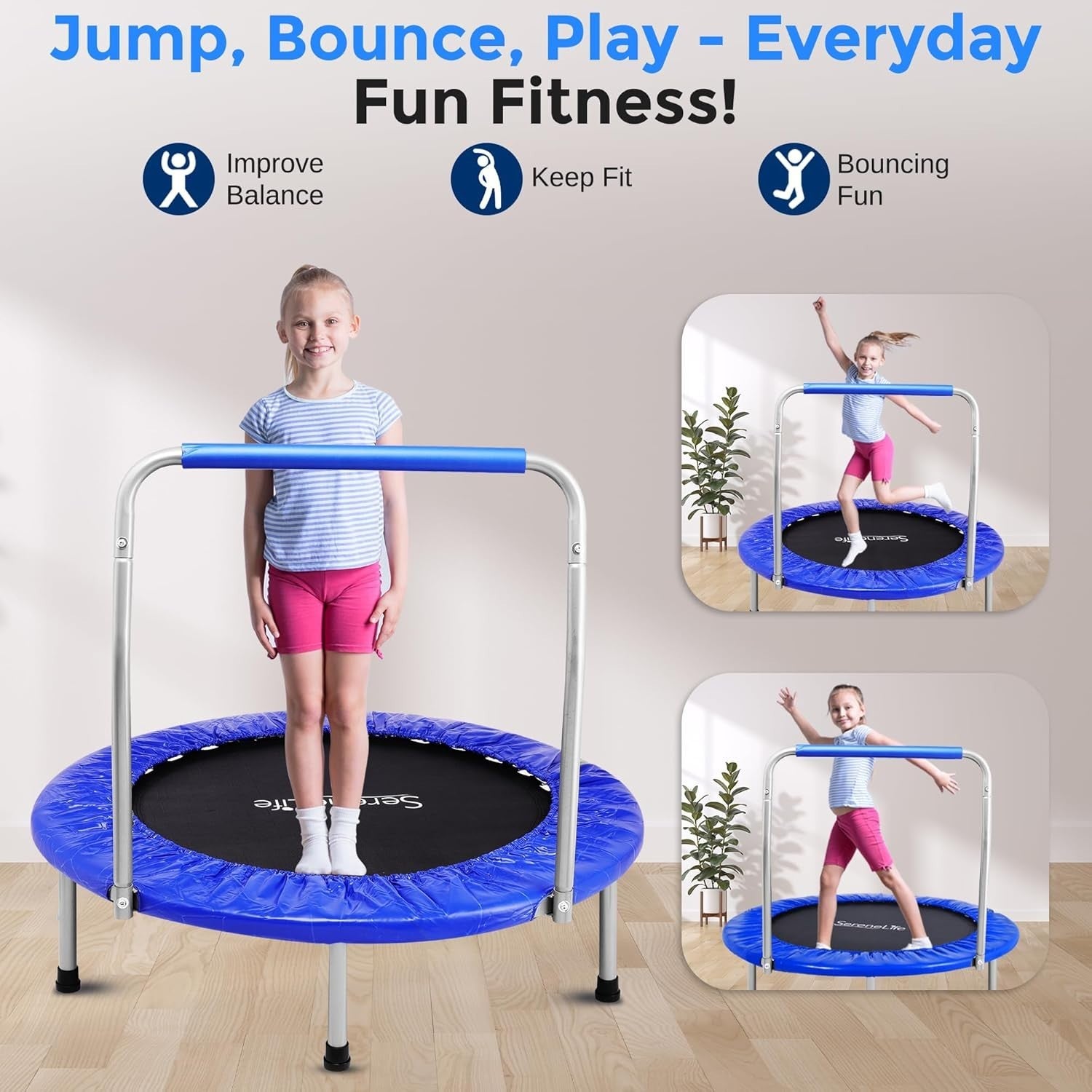 36” Foldable Mini Trampoline Indoor Outdoor Rebounder w Foam Handle