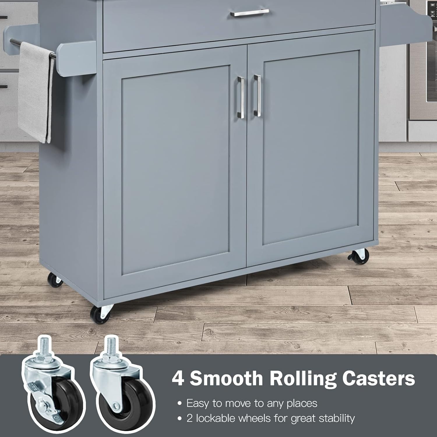 Rolling Kitchen Island Cart with Storage Cabinet, Drawer & Adjustable Shelf, Loc