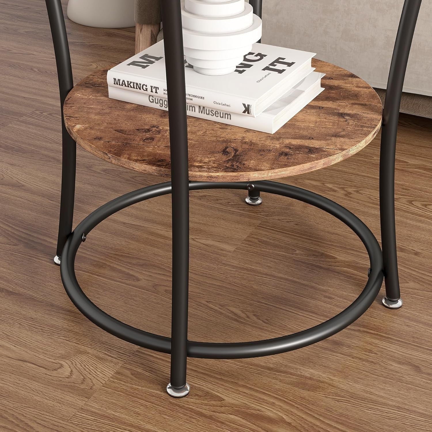 Round 2-Tier Rustic Brown Side Table, 55cm Coffee Table with Storage Shelf