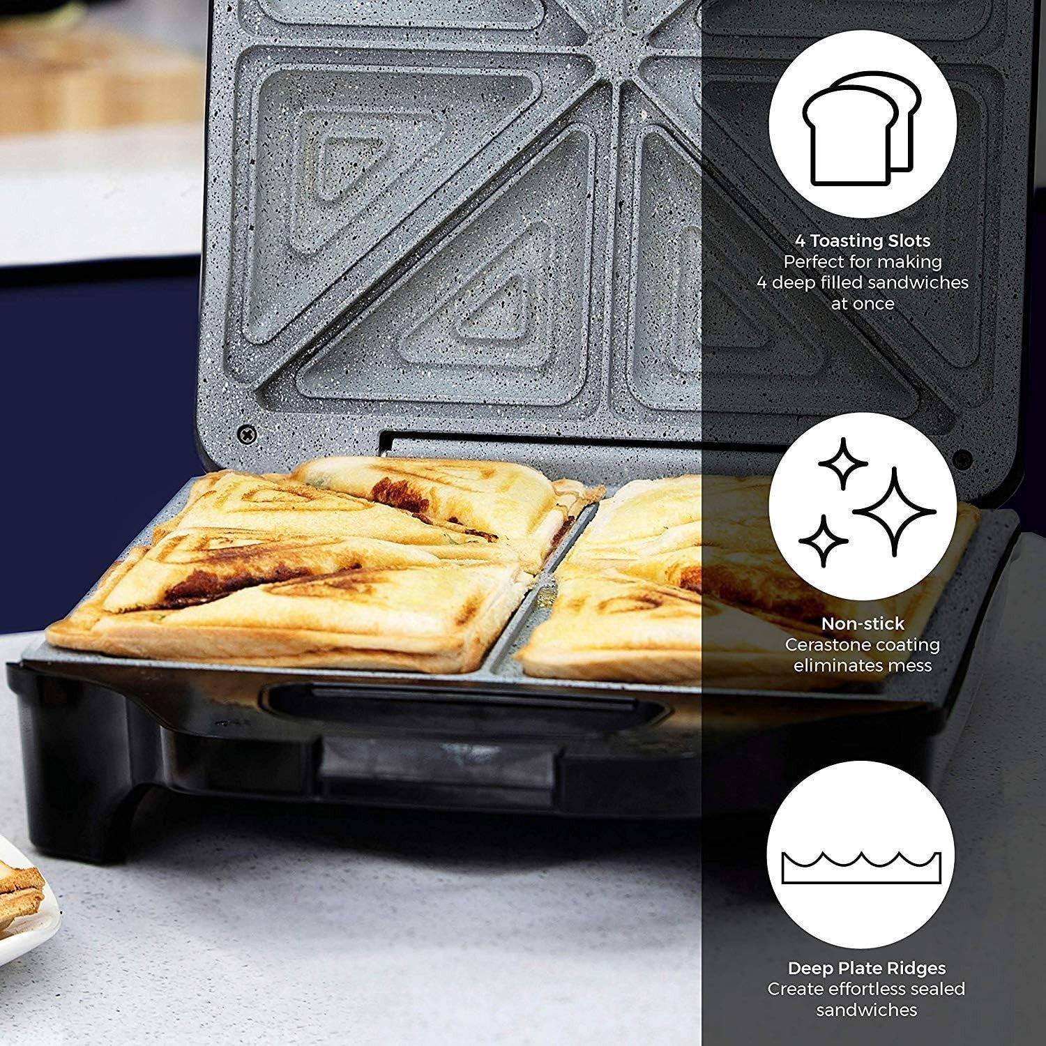 4 Slice Deep Fill Sandwich Maker 1600W Non-Stick Ceramic Plates