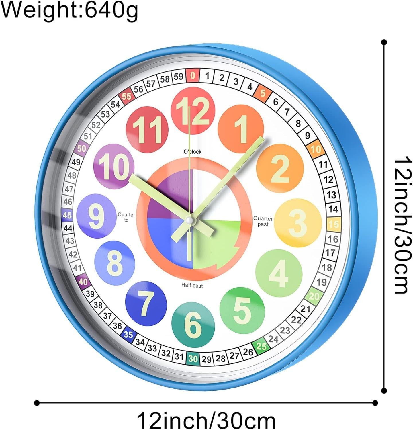 Kids Rainbow Learning Wall Clock 12" Silent Colourful Teaching Time Clock Bedroo