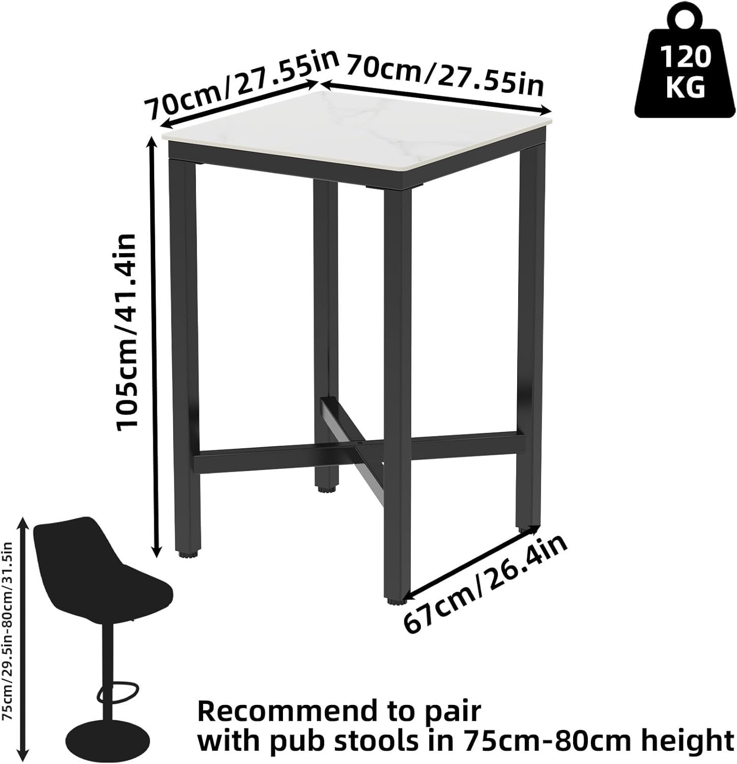 Sintered Stone Square Bar Table 70×70cm Glossy White Marble Effect 105cm High