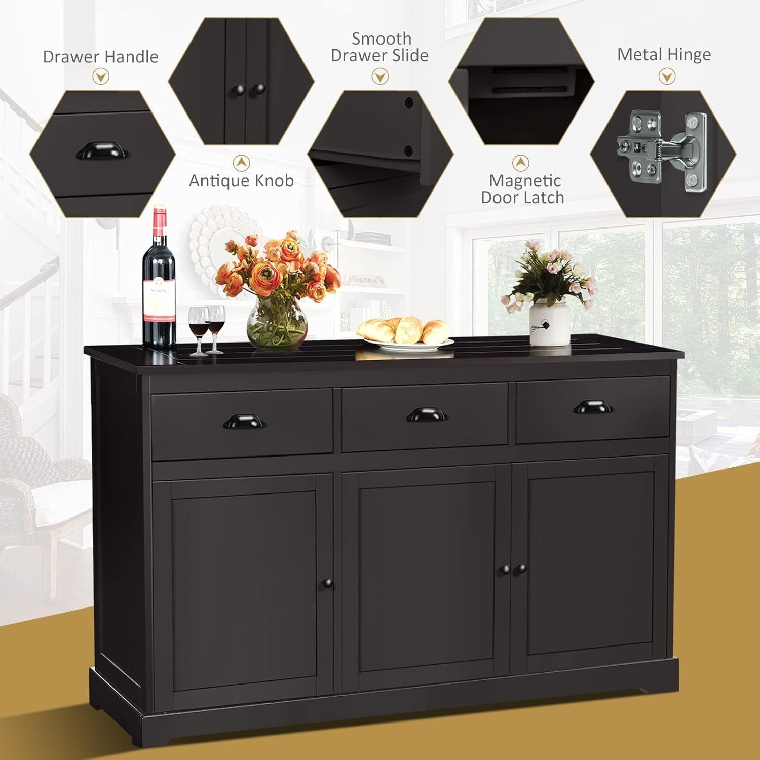 Dark Brown Large Sideboard Buffet Cabinet with 3 Drawers & Adjustable Shelves