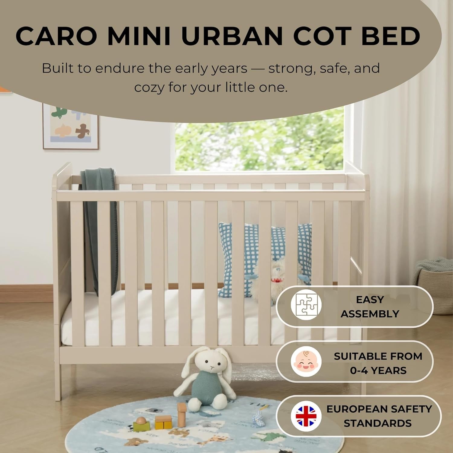 Convertible Mini Baby Cot Bed Toddler Bed Adjustable Height with Teething Rails
