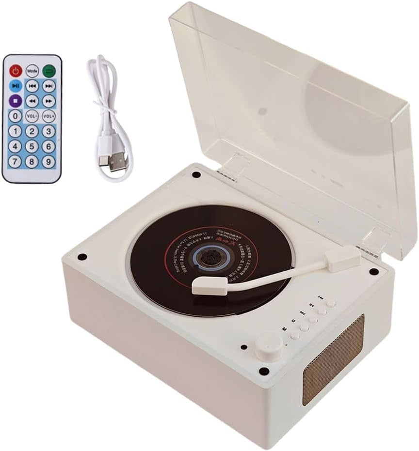 Retro Bluetooth CD Player Rechargeable Speakers USB AUX Remote White