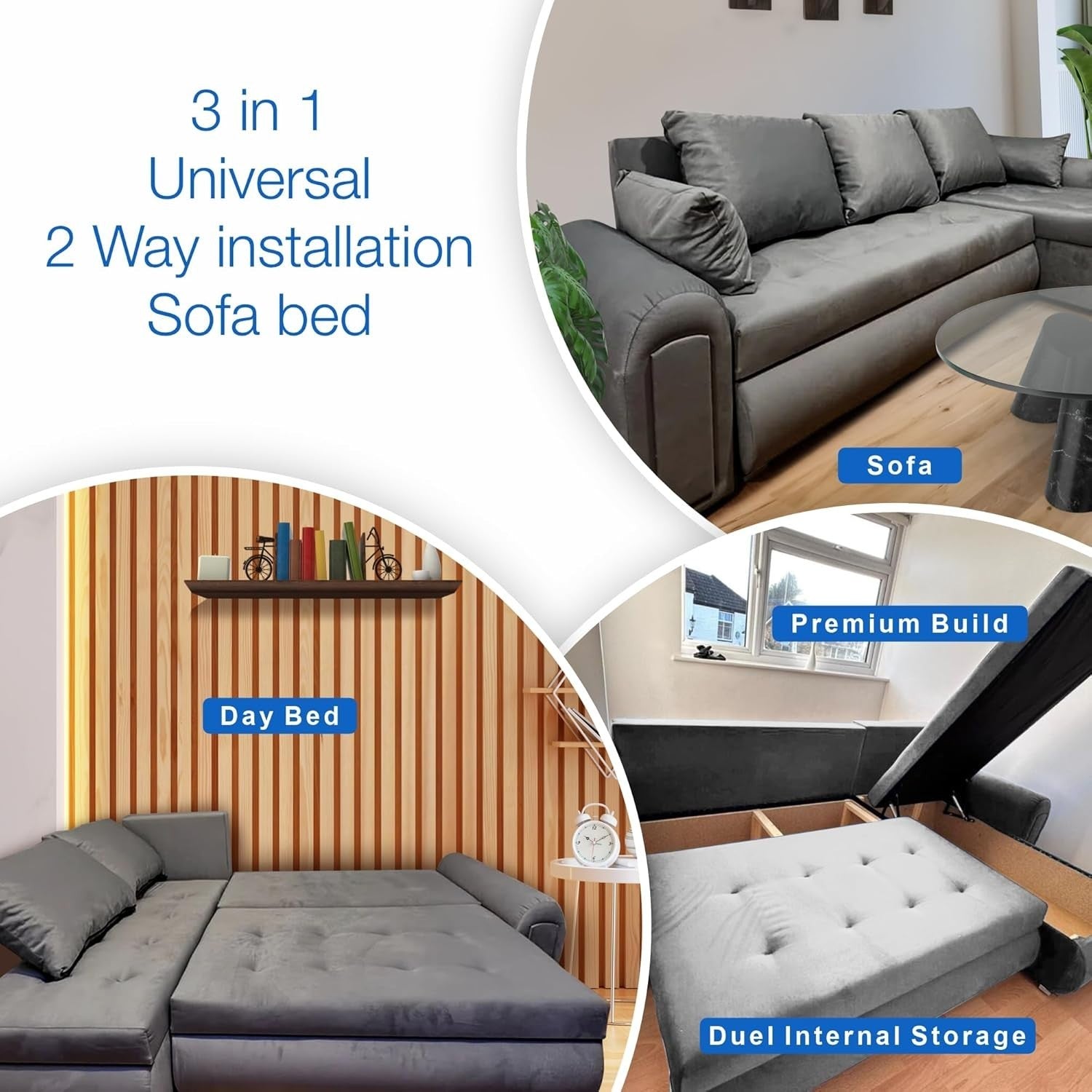 Convertible L-Shape Sofa Bed with Storage – Plush Velvet Grey Sleeper