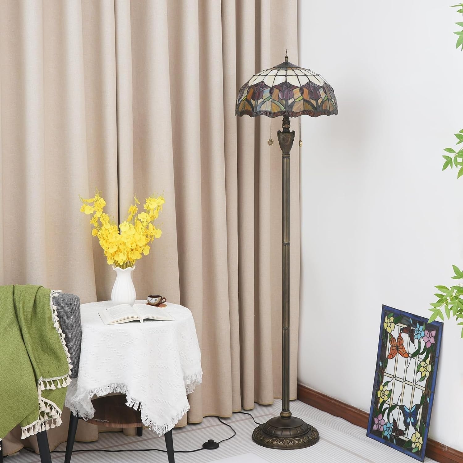 Red Tulip Stained Glass Floor Lamp with Vintage Bronze Base & Foot Switch
