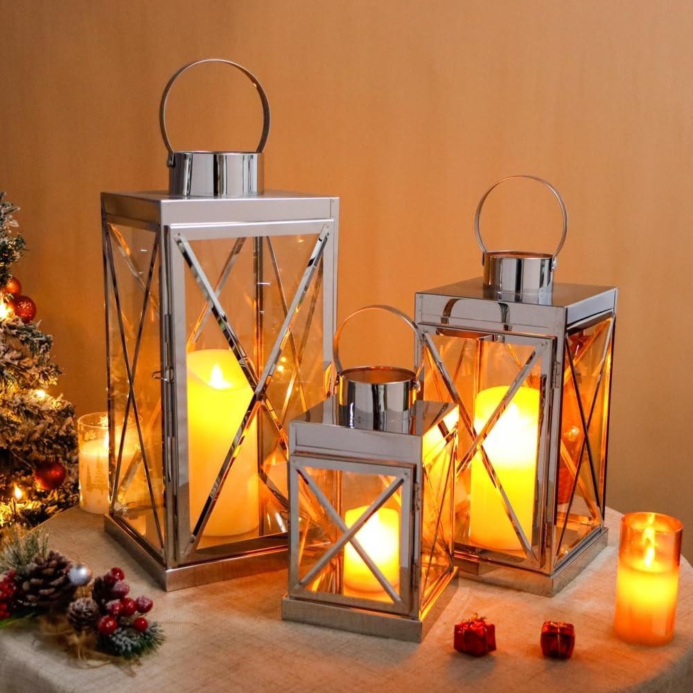Set of 3 Silver Stainless Steel Lanterns Candle Holders