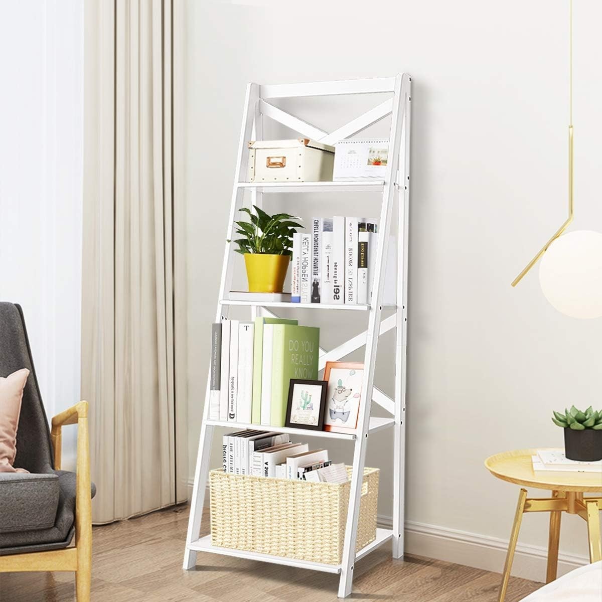 4 Tier Ladder Shelf Bookcase Leaning Display Storage Unit White