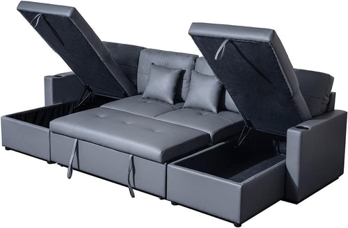 Grey U-Shaped 4 Seater Sofa Bed with Storage & Pull-Out Bed, Modern Design