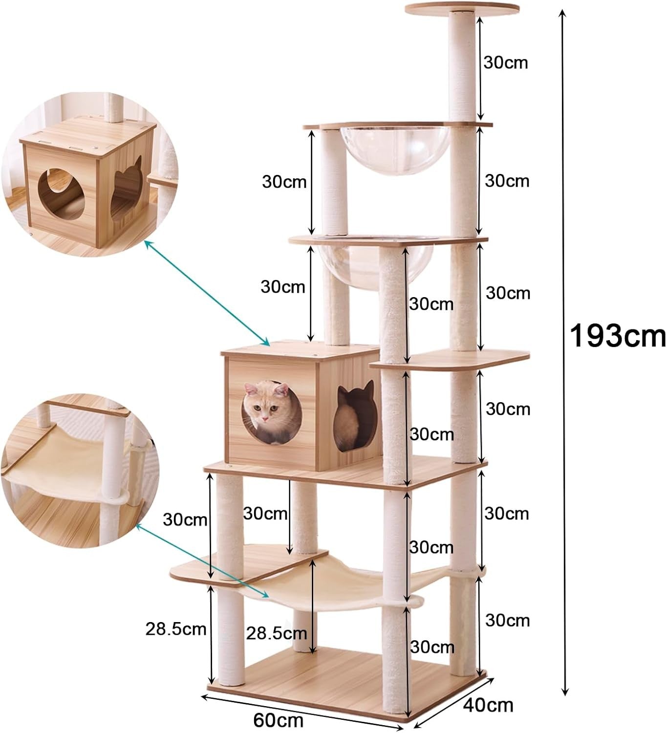 193cm Large Cat Tree Tower Condo Hammock Capsule Bowls Plush Scratching