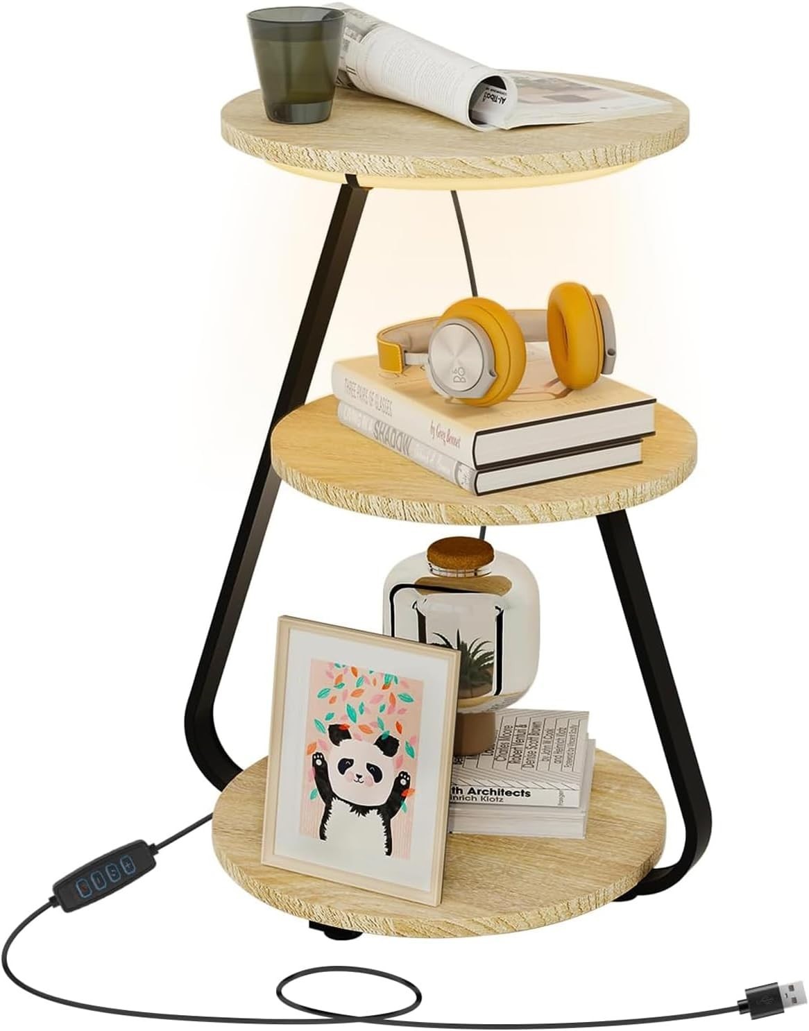 Oak LED Side Table Set – 3-Tier Bedside Coffee Tables with Storage