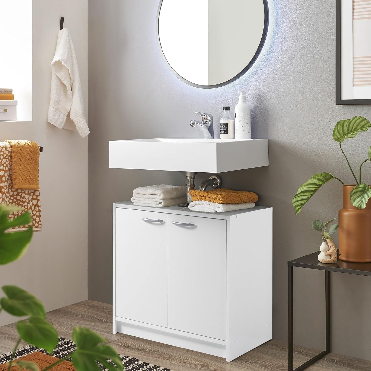 White Under Sink Bathroom Cabinet 65x53x55cm Modern Storage Cupboard Unit
