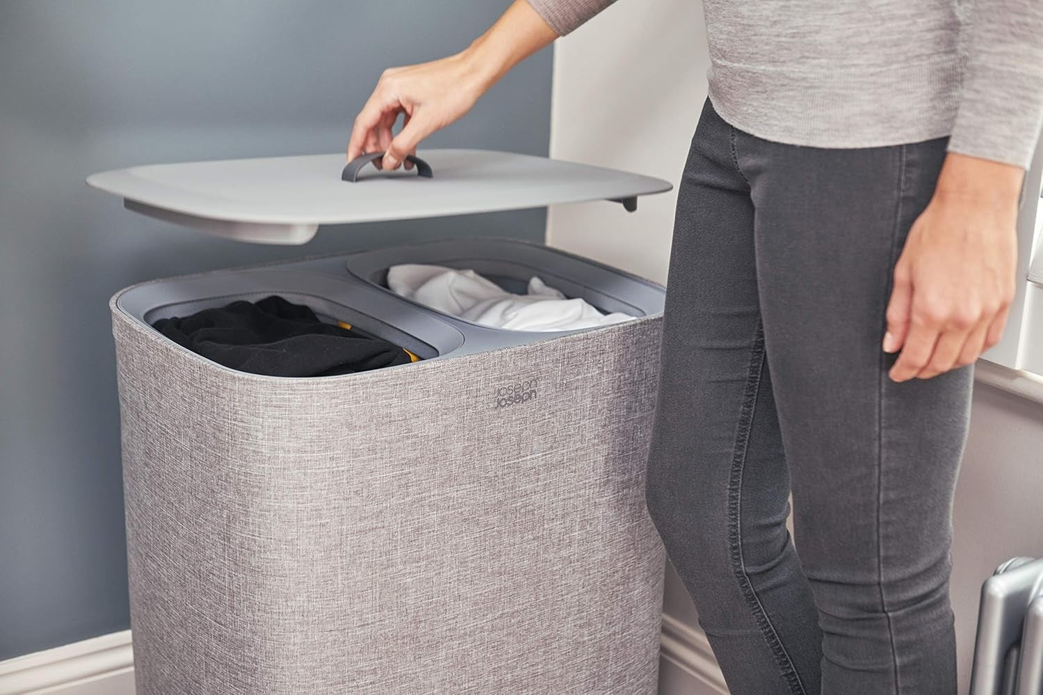 90L Dual Compartment Laundry Basket with Lid Removable Bags Grey Modern