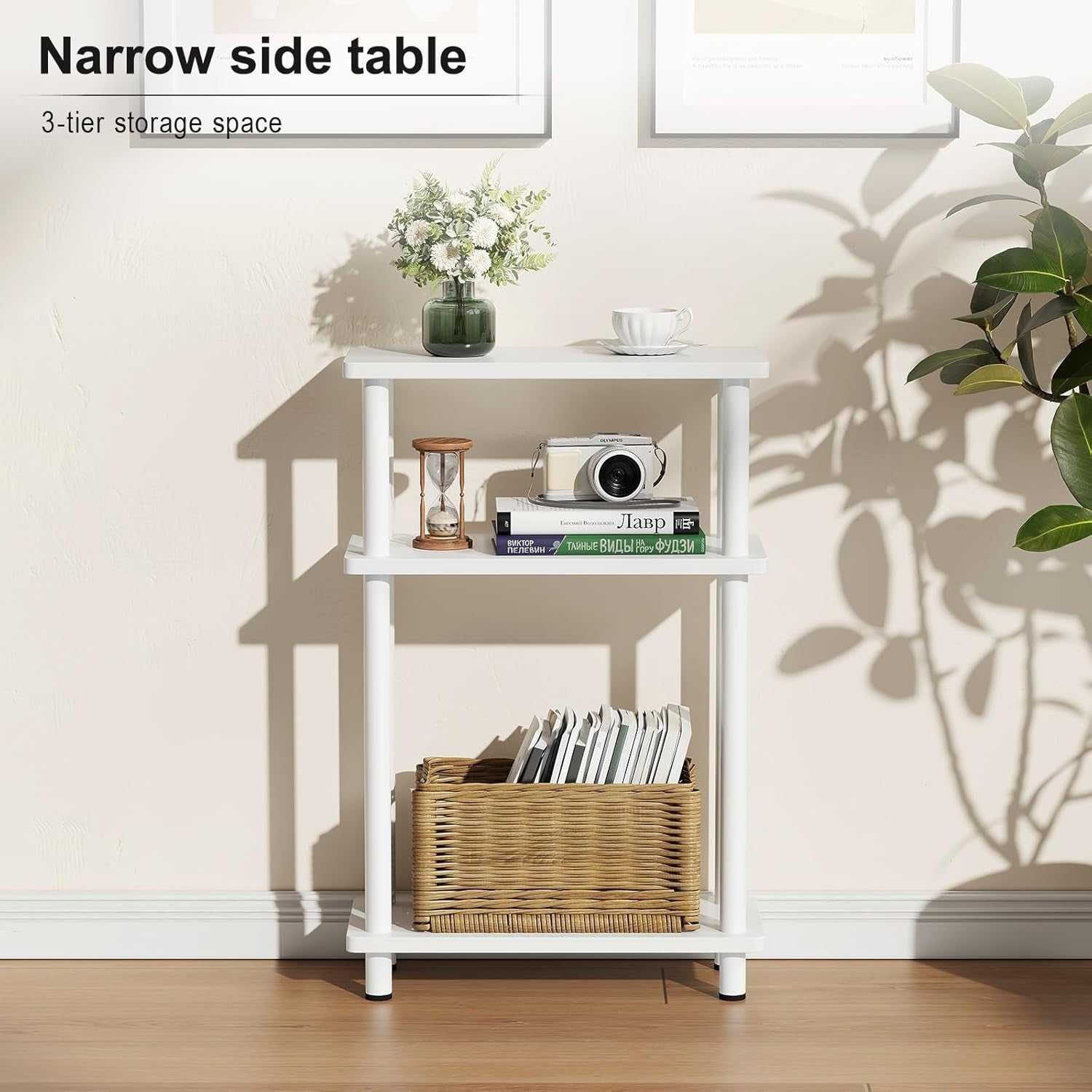 Slim 3-Tier Narrow Side Table, Space-Saving End Table for Living Room, Bedroom