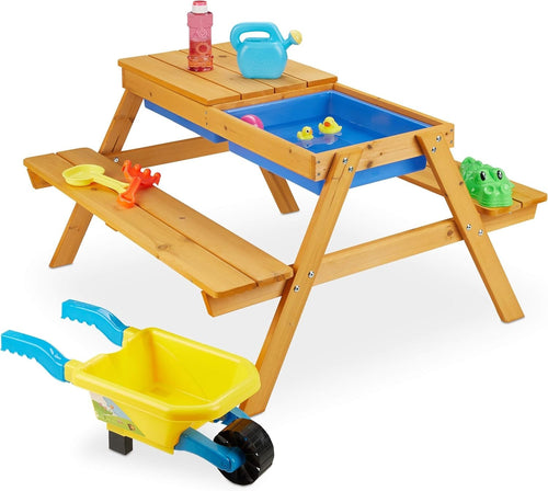 Kids Wooden Picnic Table with Benches & Mud Kitchen Play Tubs 90x85x49cm