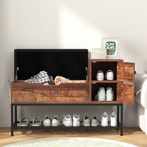 Rustic Brown Black Shoe Storage Bench with Cushion, Flip Chest & Cabinets