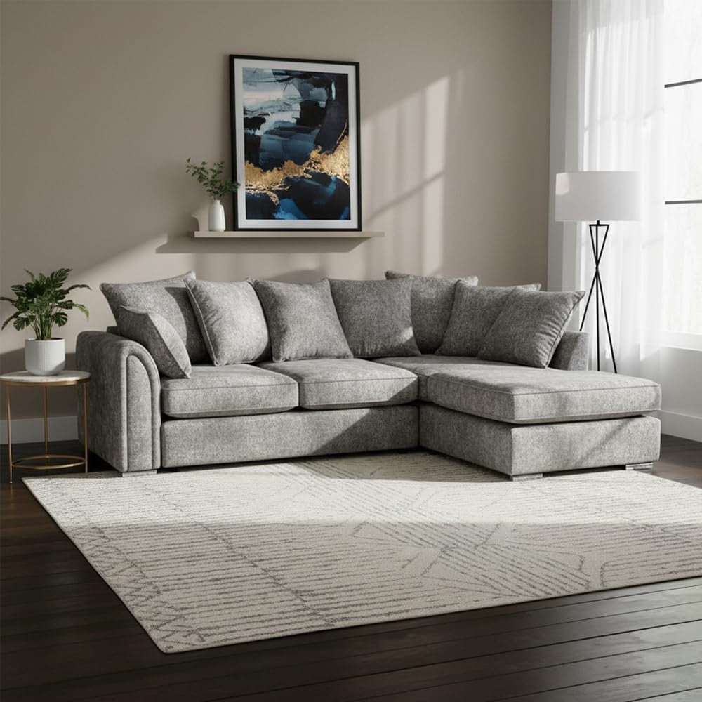 4 Seater L Shape Chenille Corner Sofa Bed with Footstool - Plush Platinum