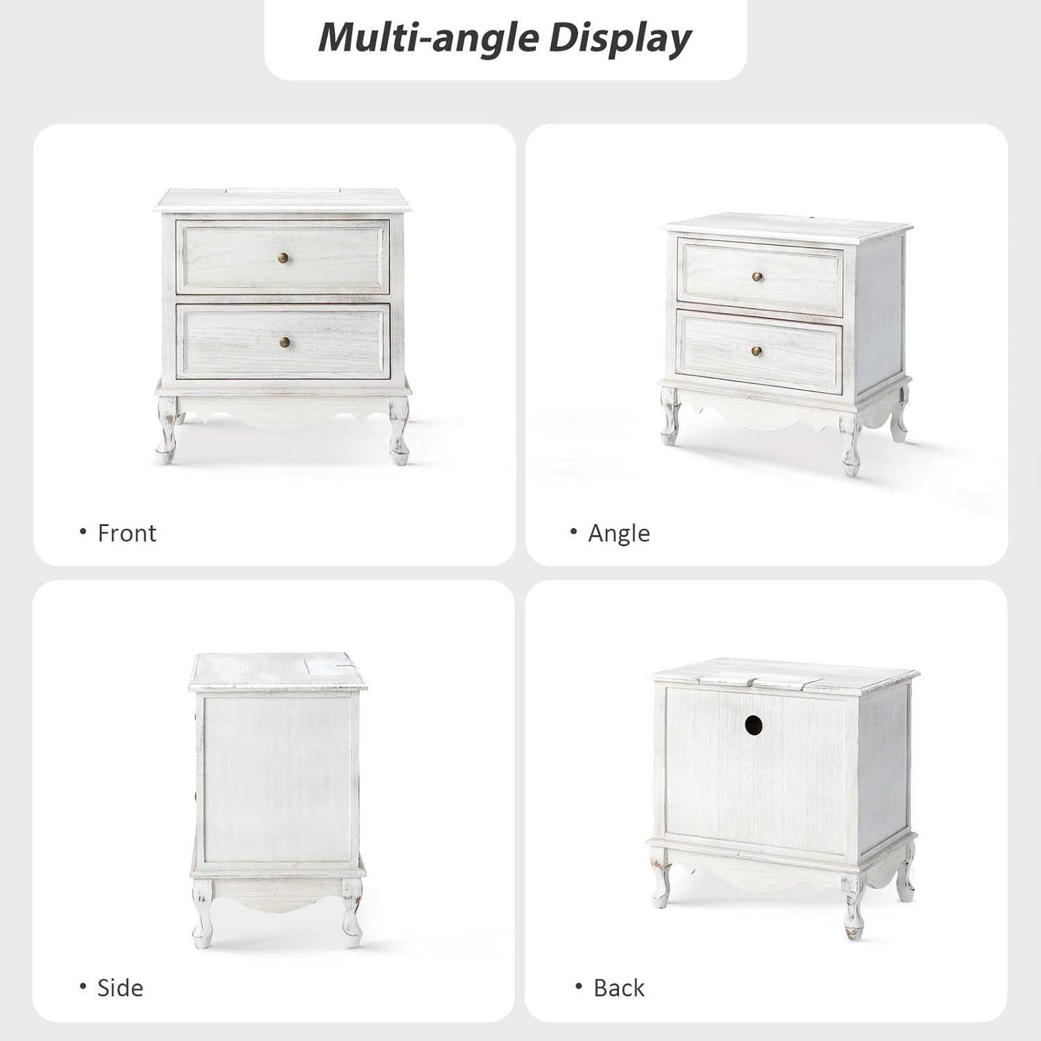 White Wooden Bedside Table with 2 Drawers – Elegant French Country Nightstand